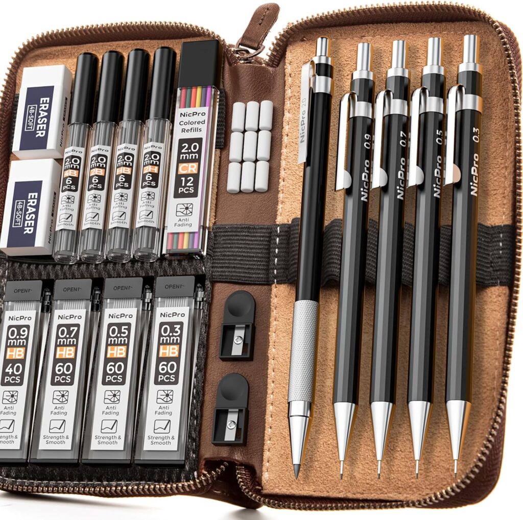 Nicpro 20PCS Black Metal Mechanical Pencil Set in Leather