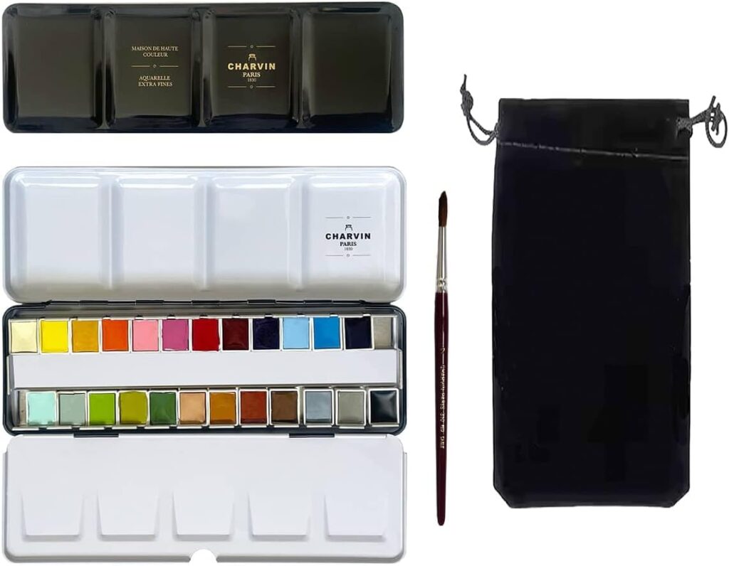 Charvin France Extra-Fine Watercolor Set - 24 Professional Half Pan Palette - Smooth High-Gloss Finish Premium Artists Travel Painting Kit