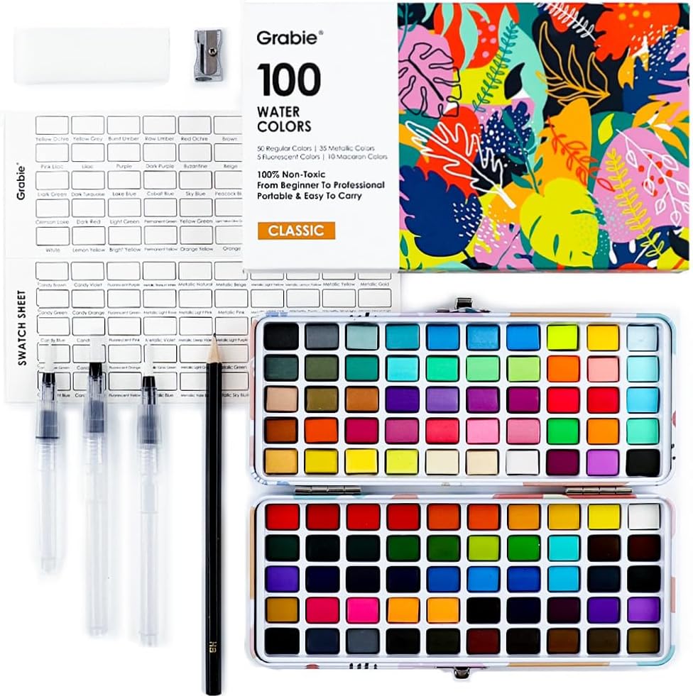 Grabie Portable Watercolor Palette Kit, 100 Colors Premium Water Color Paints with Travel Case, Metallic & Pastel Shimmer Effects, Professional Art Painting Set