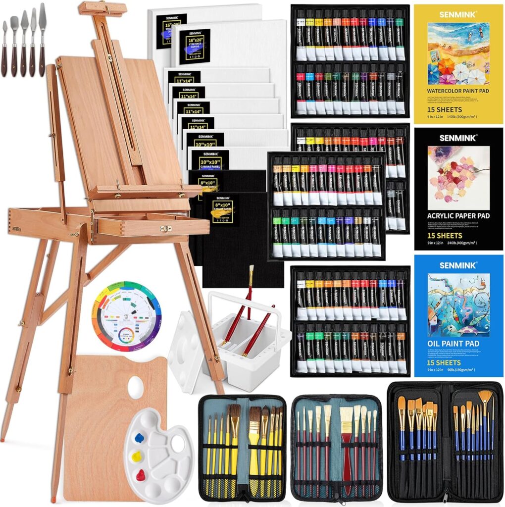 196Pcs Deluxe Artist Painting Set with French Easel, 48 Colors Acrylic & Oil Paints, 24 Colors Watercolor Paints, Art Paint Supplies for Artists, Beginner & Adults